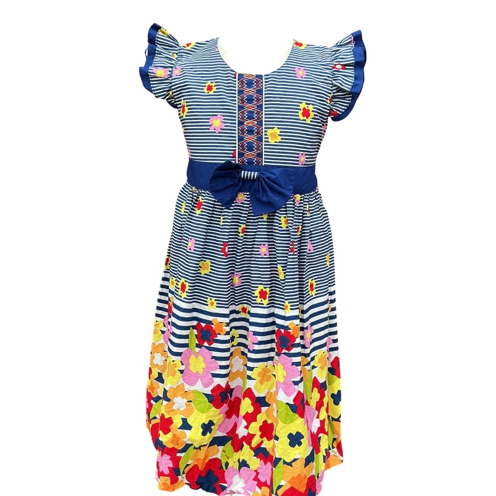 Girls Floral Striped Dress Size 7 Blue Pink Yellow Flutter Sleeve Bow Preppy